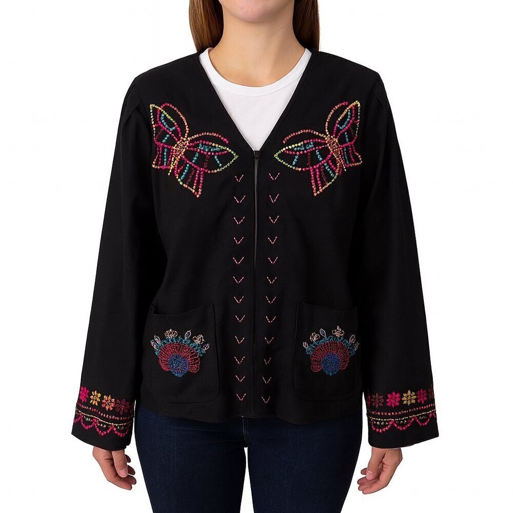 Johnny Was Carmina Bolero Jacket Black Embroidered Boho L